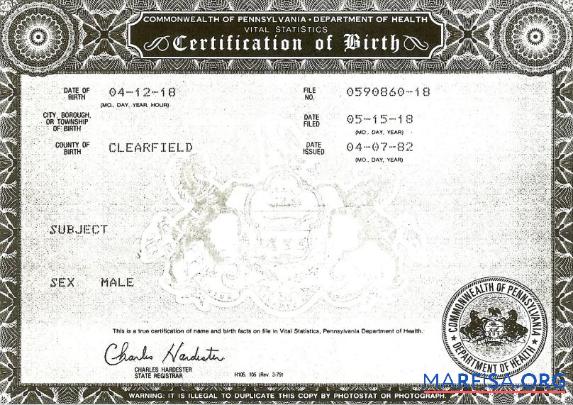 Realistic United States Commonwealth of Pennsylvania Department of health birth certificate real example